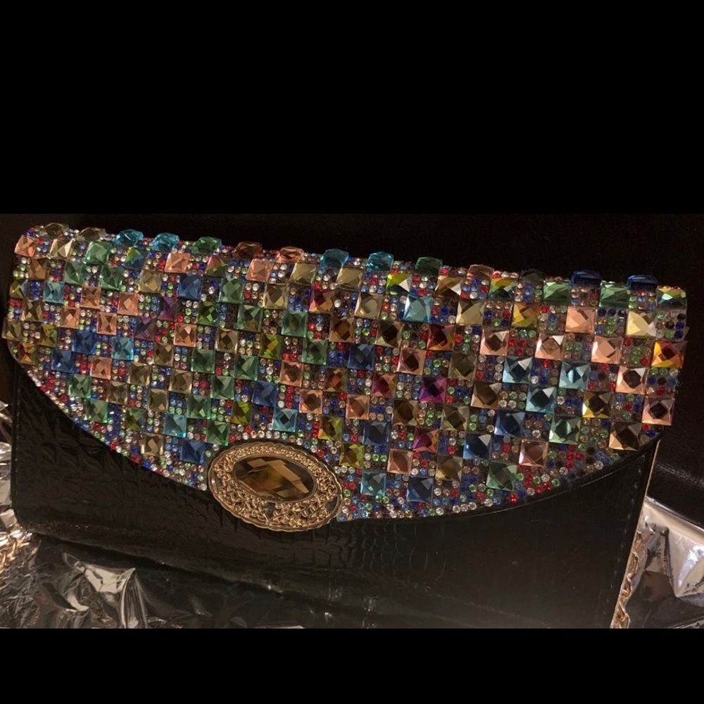 Women Evening Bag Rhinestone Accented Crocodile Patent leather Clutch
